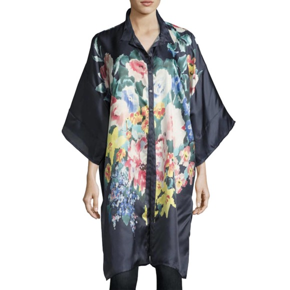 Johnny Was Malani Floral Silk Button Front Tunic Blouse Size Medium EUC - Picture 1 of 15